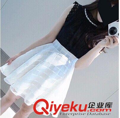 連衣裙 歐洲站2015夏裝新款女裝歐美鏤空修身雪紡假兩件連衣裙一件代發
