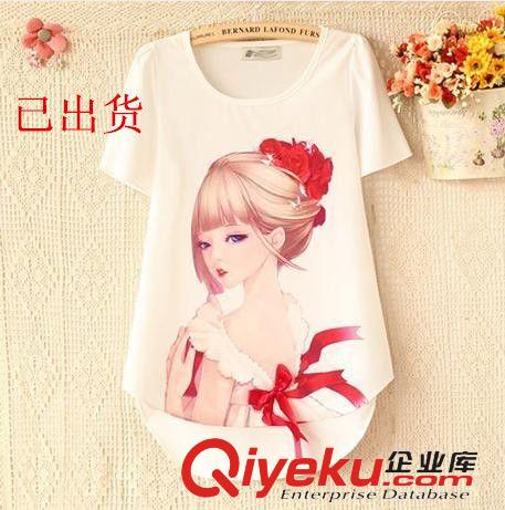 襯衫 2015春裝新款女裝韓版百搭美女圖案圓領短袖女雪紡衫T恤一件代發