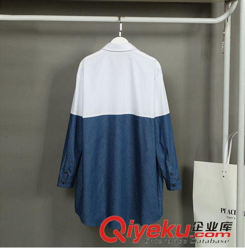 襯衫 2015春裝新款女裝趙默笙唐嫣明星同款藍白拼色寬松襯衫一件代發