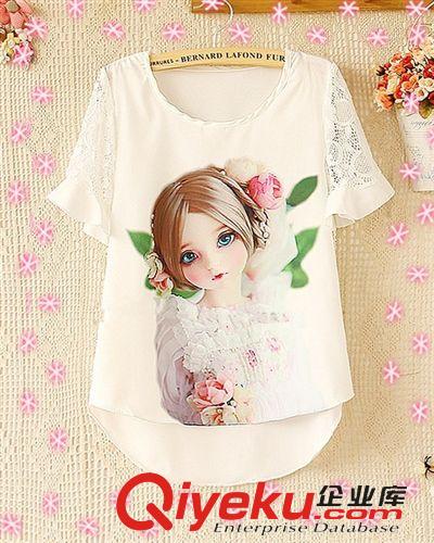 蕾絲衫/雪紡衫 2015夏裝新款韓版女裝圓領卡通女孩短袖雪紡衫免費代理一件代發原始圖片2