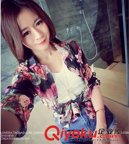 防曬服 2015夏裝新款韓版女時(shí)尚花朵防曬雪紡中長款襯衫免費(fèi)代理一件代發(fā)