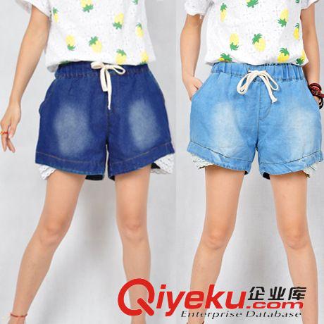 短褲 2015夏裝新款胖MM{za}韓版大碼寬松蕾絲花邊牛仔短褲一件代發
