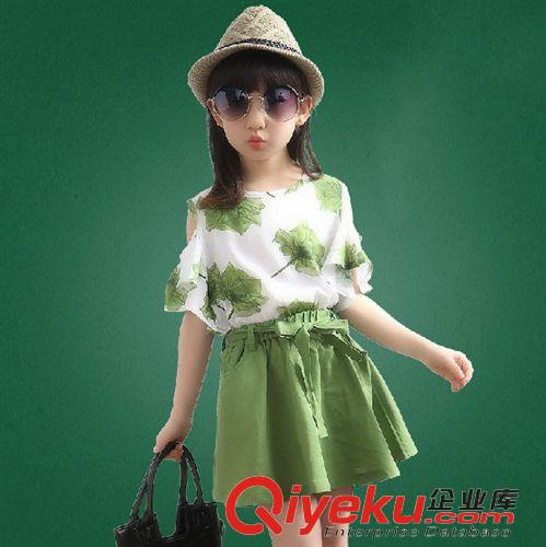 夏裝專區(qū)Summer 兒童短袖套裝 夏季新款韓版女童露肩小清新印花童套裙 童裝批發(fā)原始圖片2