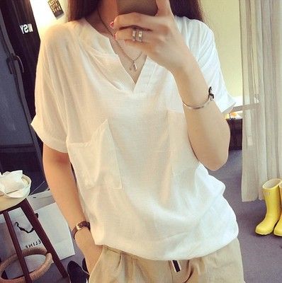 打底衫/t恤 2015潮女文藝范寬松休閑大口袋 短袖性感V領隨性套頭純色T恤