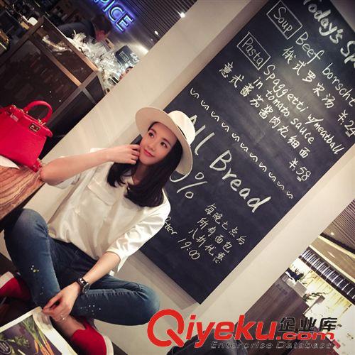 襯衫 韓版時尚寬松上衣簡約口袋oversize落肩純色T恤女2015春裝新款