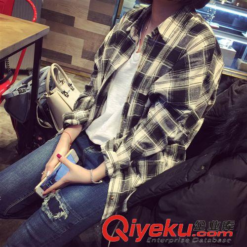 襯衫 外套百搭女純棉襯衫 韓國直筒全棉格子襯杉 寬松棉中長款長袖襯衣