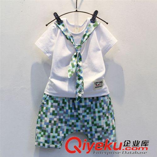 2015年5月春夏款上新 童裝2015韓版男童夏季新款領(lǐng)帶款短袖+格子垮褲套裝兒童休閑套裝原始圖片2