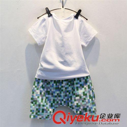 2015年5月春夏款上新 童裝2015韓版男童夏季新款領(lǐng)帶款短袖+格子垮褲套裝兒童休閑套裝原始圖片3