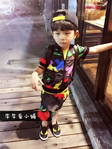 2015年5月春夏款上新 套裝2015夏新款男童彩色迷彩雪紡兒童休閑運動套裝童裝批發廠家原始圖片2