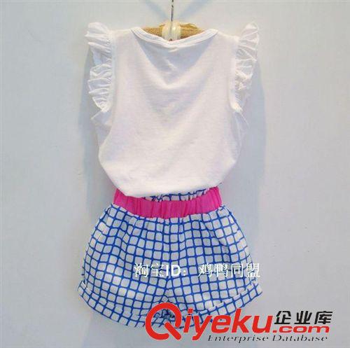 2015年4月春夏款上新 t童裝2015韓版童裝女童飛袖無袖格子短褲夏季新款2件童套裝批發原始圖片2
