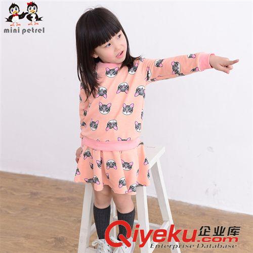 2015春款上新 品牌童套服新春款 韓版女童裙套裝 純棉毛圈小貓印花圖案套服原始圖片3