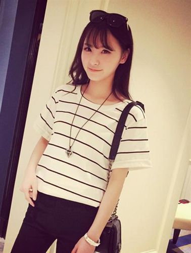T恤  傲曼 春裝新款韓版經(jīng)典百搭松條紋卷邊短袖T恤女 免費代理 T134原始圖片3