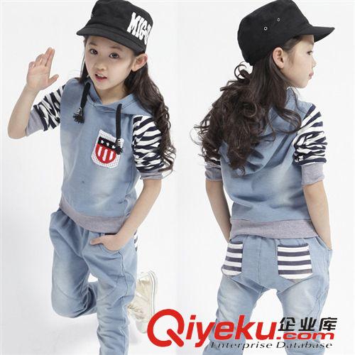 女童秋款專區(qū)批發(fā) 韓版童裝2015新款女童春秋裝男童中大童牛仔條紋拼接套裝童裝代發(fā)原始圖片3