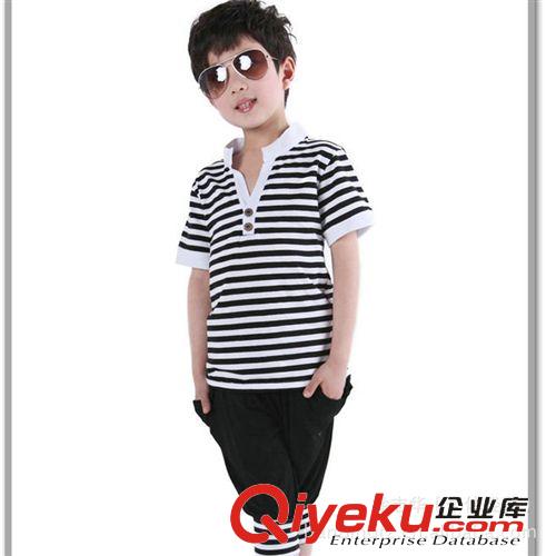 男童夏款專區(qū)批發(fā) 男童套裝 夏款童裝 短袖T恤 純棉中大童條紋套裝 兒童 衣服批發(fā)原始圖片2