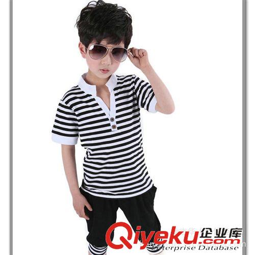 男童夏款專區(qū)批發(fā) 男童套裝 夏款童裝 短袖T恤 純棉中大童條紋套裝 兒童 衣服批發(fā)原始圖片3