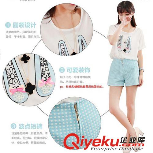 爆款/鎮(zhèn)廠之寶/新品 2015韓版女裝鞋子印花雪紡T血短袖短褲兩件套裝好貨源批發(fā)原始圖片2