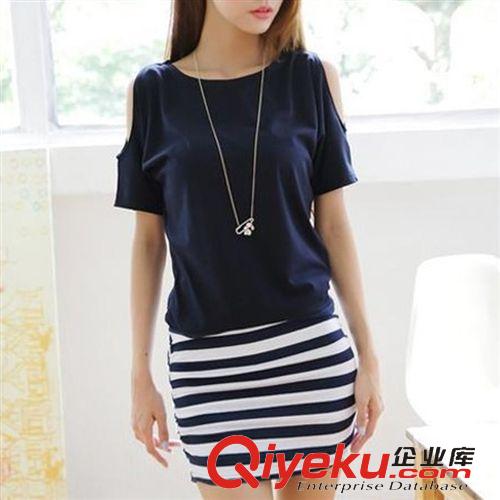 鎮(zhèn)廠之寶暴款熱銷 2015夏裝棉新款女露肩拼接修身百搭潮衣短袖條紋包臀連衣裙原始圖片2