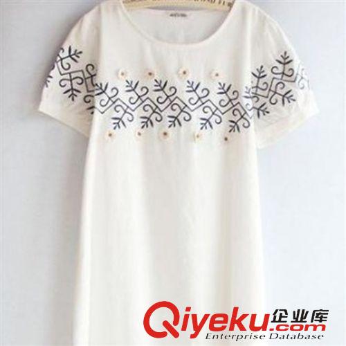 廣州站 2015森女可愛日系清新寬松刺繡花朵白色校園風(fēng)短袖棉麻連衣裙原始圖片2