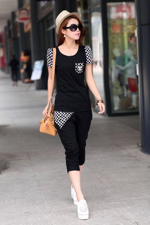 女裝套裝 2015夏裝韓版新款格子拼接時尚修身短袖休閑運動套裝一件代發(fā)原始圖片3