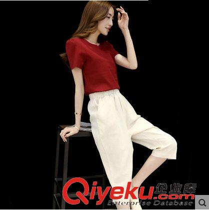 女裝套裝 2015夏季棉麻休閑套裝女潮七分直筒褲搭短袖時尚套裝原始圖片2