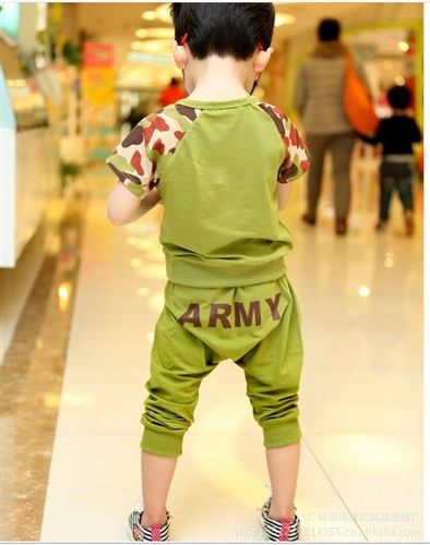 夏裝 一件代發(fā)產(chǎn)品 外貿(mào)童裝批發(fā)新款2015夏裝韓版拼肩字母男童短袖套裝兒童迷彩套裝原始圖片3