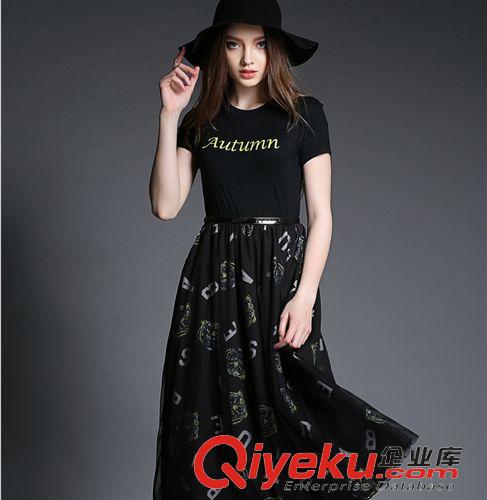 4月新款 歐洲站女裝新款歐美顯瘦連衣裙 修身雪紡拼接連衣裙