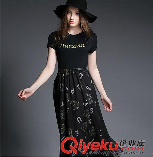 4月新款 歐洲站女裝新款歐美顯瘦連衣裙 修身雪紡拼接連衣裙