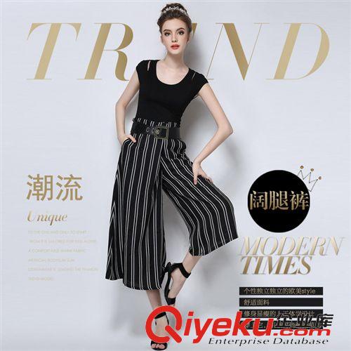 歐美風系列 歐洲站2015夏季新款時尚dp氣質 豎條紋大碼修身不規則闊腿褲