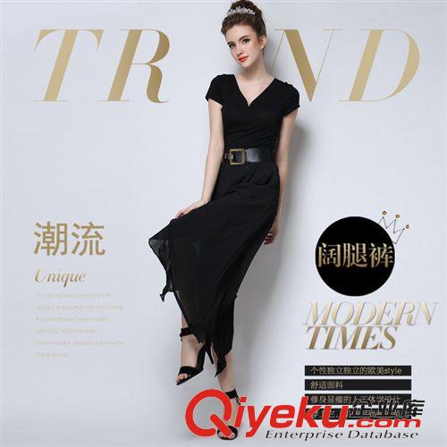 歐美風系列 2015歐洲站夏季新款時尚氣質(zhì)純色修身闊腿褲不規(guī)則七分褲
