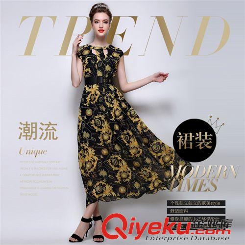 歐美風(fēng)系列 2015歐洲站夏季新款長(zhǎng)款修身顯瘦短袖印花品牌連衣裙