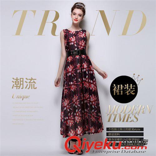 歐美風系列 2015歐洲站夏季新款修身顯瘦無袖印花雪紡連衣裙送腰帶
