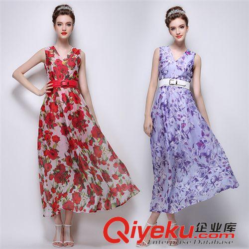 歐美風系列 2015歐洲站夏季新款修身顯瘦無袖印花雪紡連衣裙送腰帶原始圖片3
