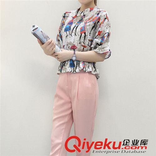 熱門系列 夏新款兩件套女裝小清新印花雪紡衫哈倫七分褲時尚套裝批發(fā)原始圖片3
