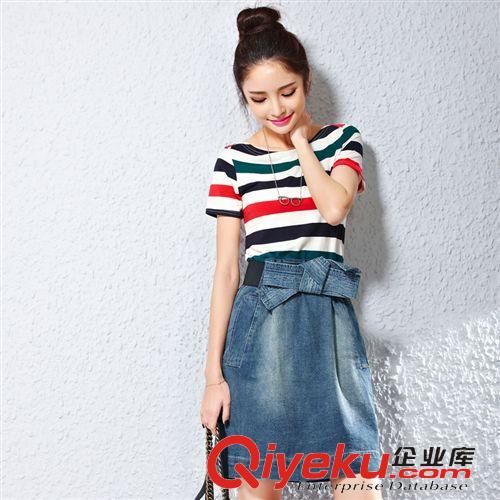 爆款推薦 歐洲站春夏裝新款條紋少女裝韓版中長款牛仔布修身A字時尚連衣裙原始圖片3