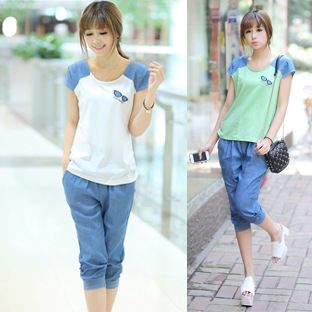 夏季套裝 2015年薄T恤套裝夏季新款甜美可愛純棉拼接圓領短袖少女裝