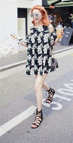 連衣裙 2015夏秋女裝韓版新款印花圓領(lǐng)短袖露肩寬松顯瘦時尚連衣裙原始圖片2