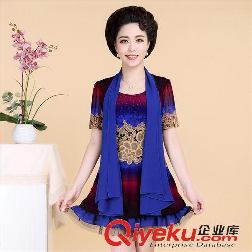 媽媽裝連衣裙 2015中老年女裝夏裝大碼媽媽裝短袖真絲印花休閑蕾絲透氣連衣裙