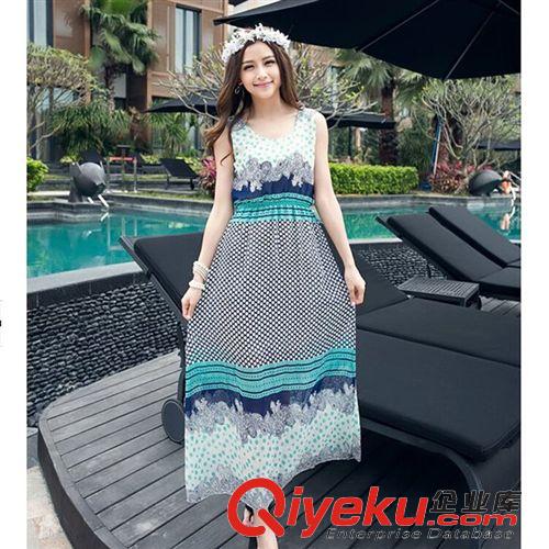 波西米亞沙灘裙 2015新款夏季女裝度假沙灘長裙波西米亞雪紡印花吊帶連衣裙