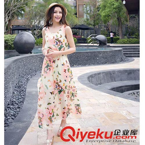 波西米亞沙灘裙 2015新款夏季女裝度假沙灘長裙波西米亞雪紡印花吊帶連衣裙原始圖片3