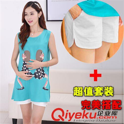 孕婦套裝 2015新款時(shí)尚孕婦裝夏裝怪趣少女印花中長(zhǎng)款無(wú)袖上衣+短褲套裝原始圖片2