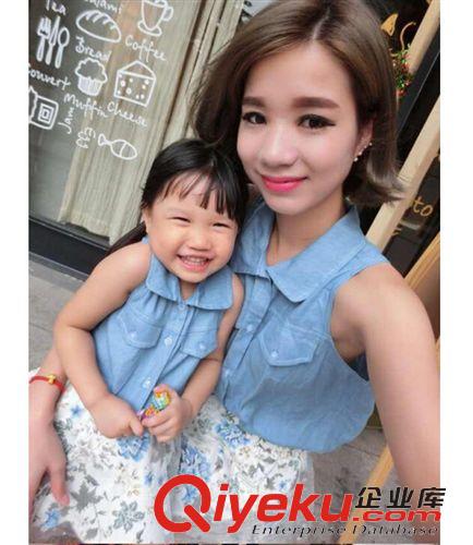 6,5上新 夏裝2015純棉牛仔背心襯衫碎花網(wǎng)紗半身裙親子裝母女套裝原始圖片2