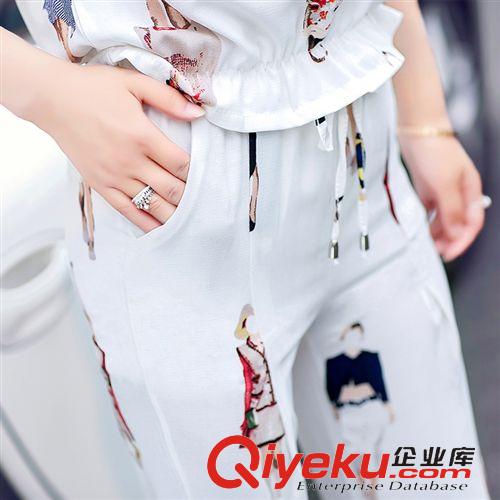 6,5上新 歐洲站2015新款歐美印花棉麻九分褲休閑套裝時(shí)尚套裝原始圖片3
