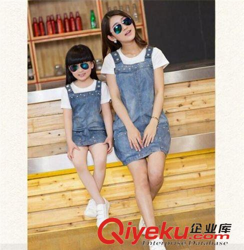 爆款 2015夏裝新款歐洲站鉚釘休閑牛仔背帶連衣裙親子裝母女裝原始圖片2