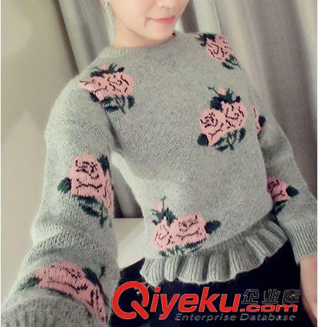 2014.9月新款 2014秋冬歐美風甜美玫瑰花朵荷葉邊下擺短款顯瘦兔毛針織毛衣原始圖片2