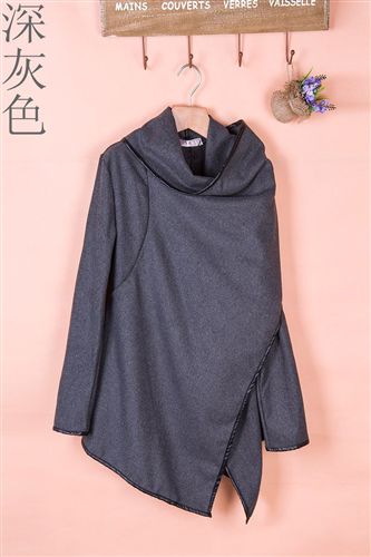 速賣通 2015秋裝新品歐美修身皮鑲邊個(gè)性不對稱規(guī)則風(fēng)衣 毛呢外套女原始圖片3