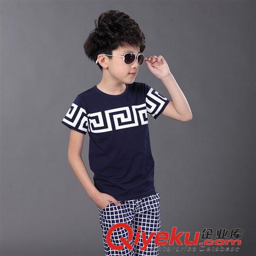 男童一件代發 2015新款童套裝夏款兒童T恤校服潮 中童韓版男童短袖套裝格子褲子