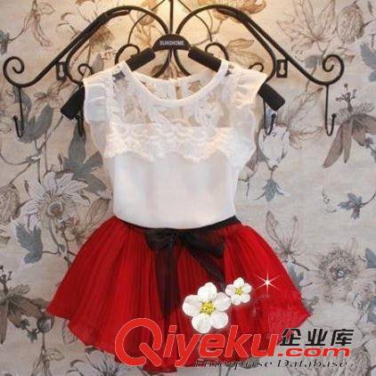 2015夏款 童裝2014夏季新款女童套裝兒童蕾絲拼接飛袖背心t恤+百褶裙兩件套原始圖片2