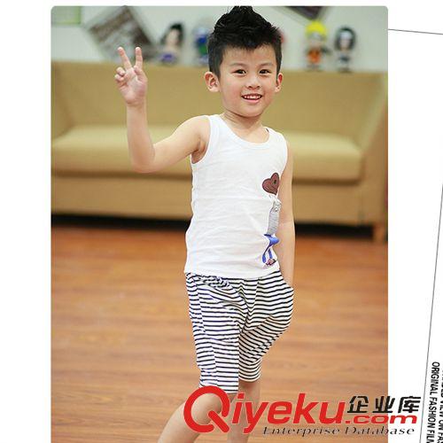 夏款男童 童裝批發2015夏季新款套裝男孩子條紋運動服韓版純棉背心套裝原始圖片2