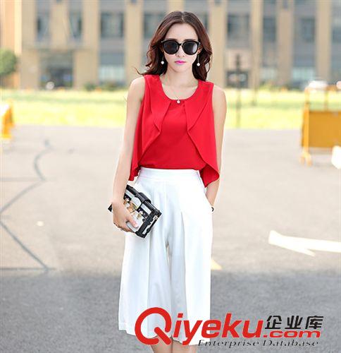 5月25號(hào)新款 2015夏裝新款小香風(fēng)無(wú)袖荷葉邊雪紡衫高腰闊腿褲套裝女一件代發(fā)原始圖片2