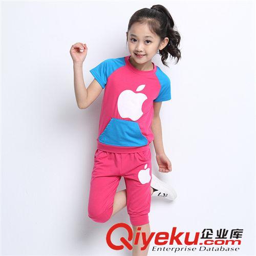 2015年4月上新 2015夏款中小兒童裝短袖拼色時尚T恤套裝 女童套裝 一件代發原始圖片2